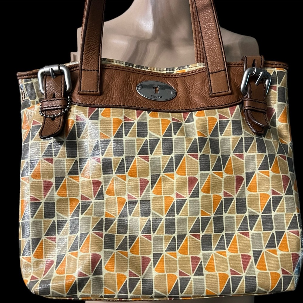 Fossil Key-Per Calypso Brown Grey Orange Cowhide Leather Trim Shoulder Bag Purse